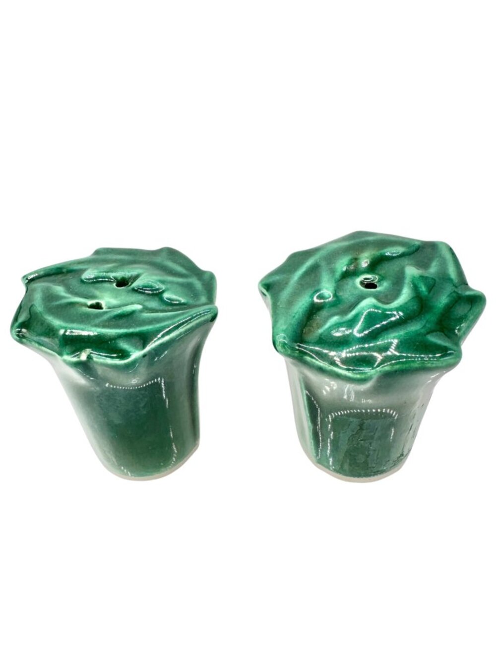 Leafy Vegetable Salt and Pepper Shakers Green Textured Ceramic Leaf Design 2”H